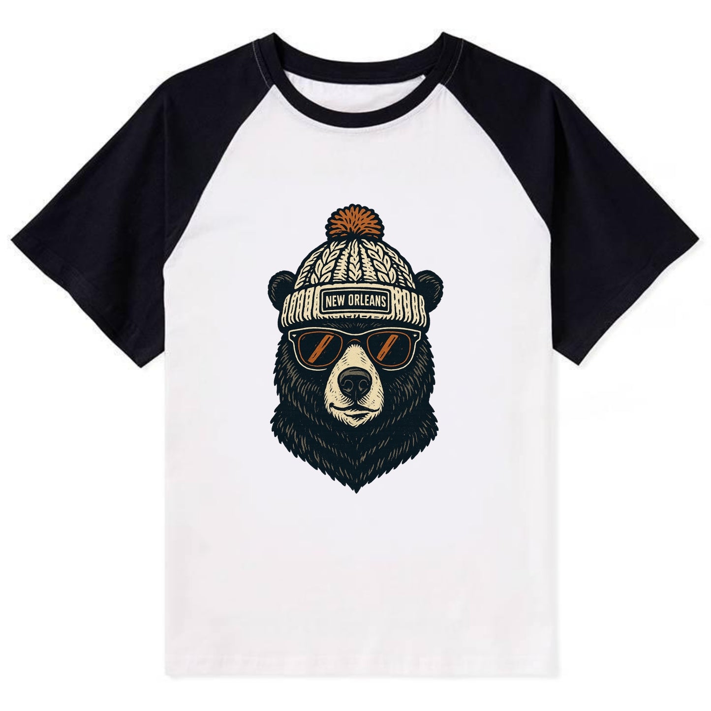 Louisiana Black Bear wearing New Orleans beanie with pom pom and wayfarer - Contrast Raglan T-shirt - Black