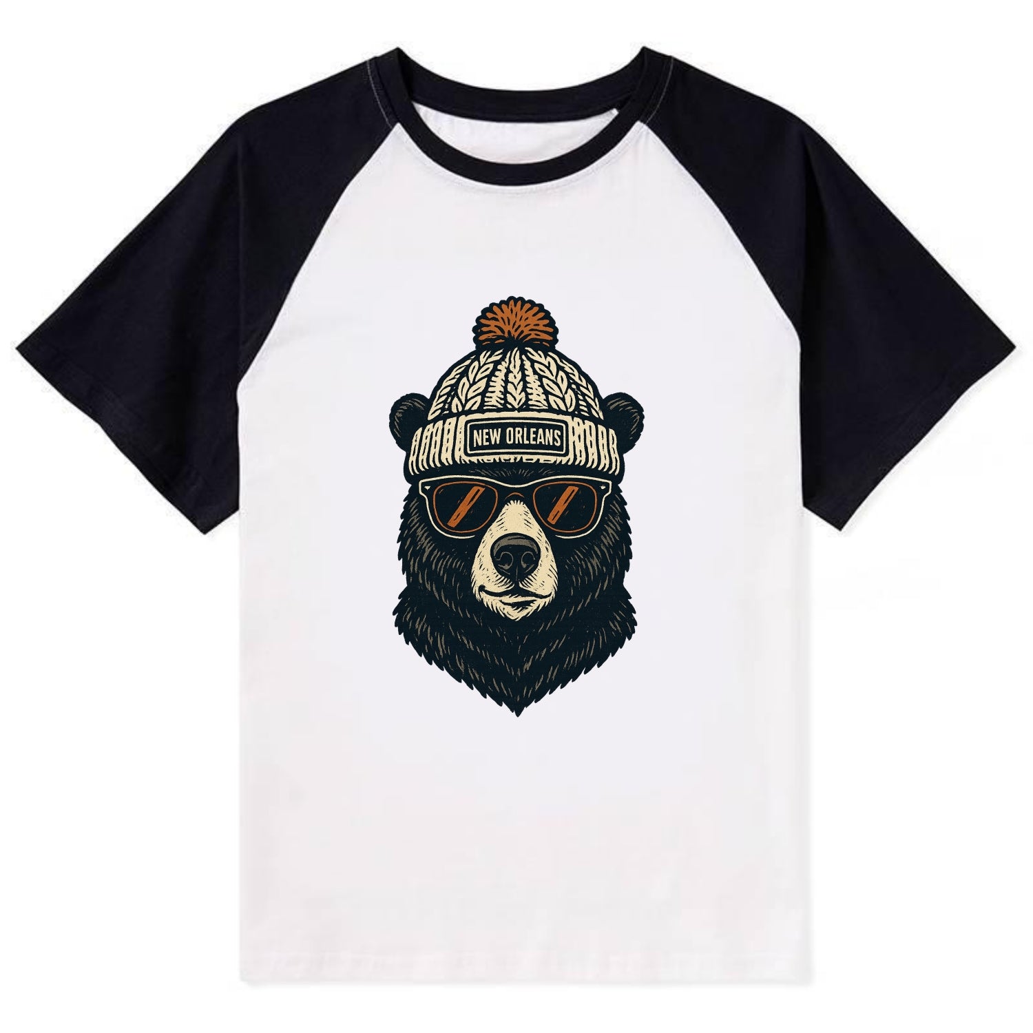 Louisiana Black Bear wearing New Orleans beanie with pom pom and wayfarer - Contrast Raglan T-shirt - Black
