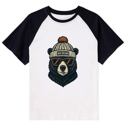Louisiana Black Bear wearing New Orleans beanie with pom pom and wayfarer - Contrast Raglan T-shirt - Black