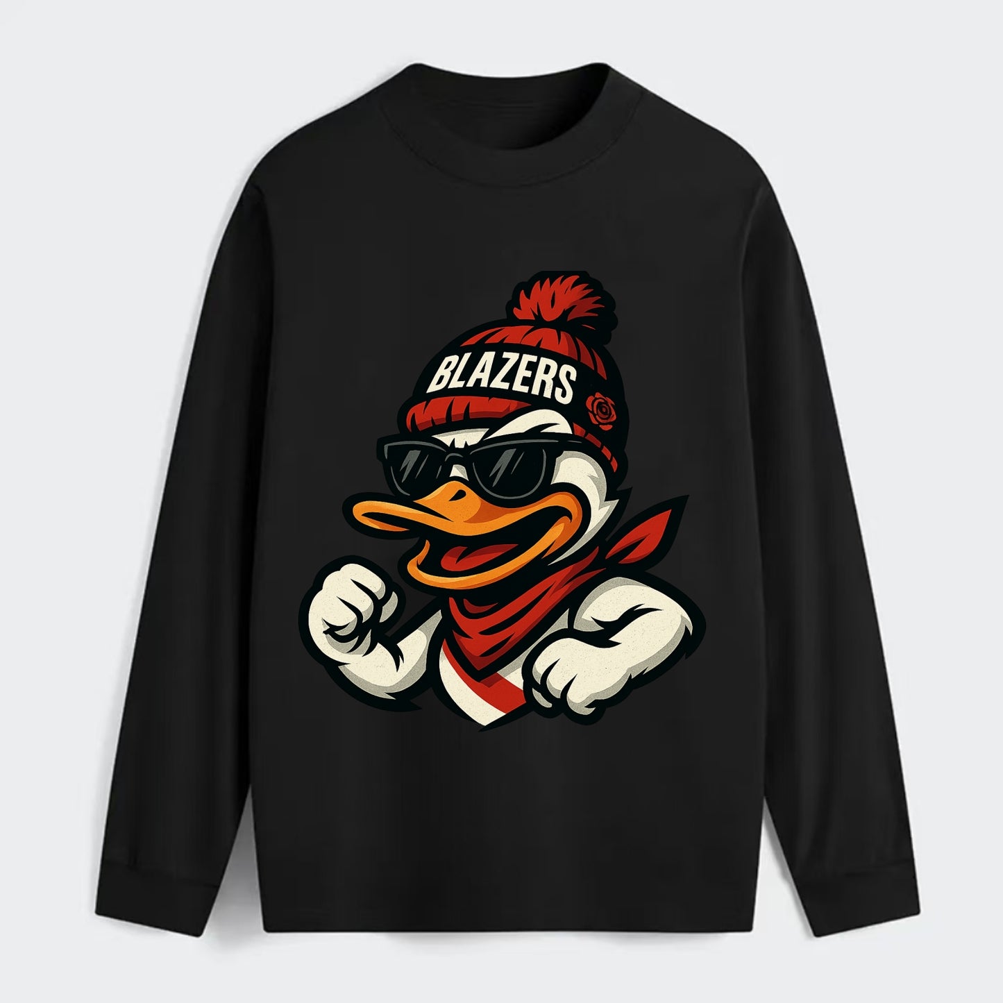 Oregon Duck wearing Trail Blazers beanie with rose patch and wayfarer - Classic Long Sleeve Shirt - Black