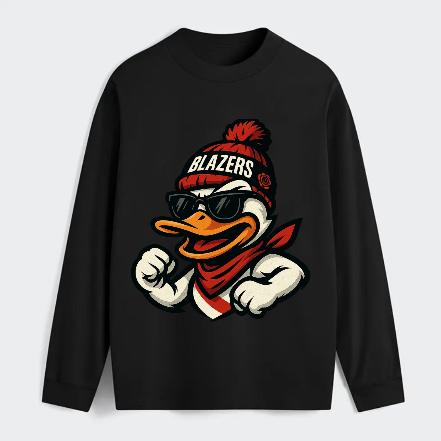 Oregon Duck wearing Trail Blazers beanie with rose patch and wayfarer - Classic Long Sleeve Shirt - Black