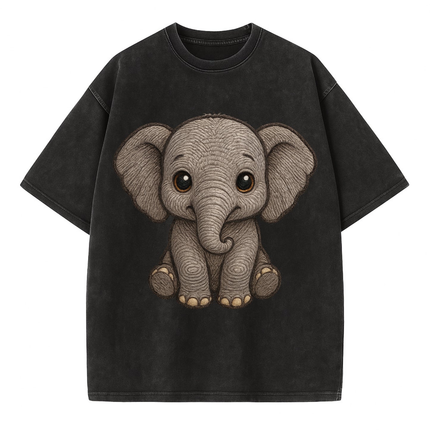 Baby Elephant - gray wrinkly, tiny trunk, large floppy ears, kind dark eyes, - Vintage T-shirt - Black