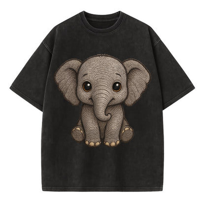 Baby Elephant - gray wrinkly, tiny trunk, large floppy ears, kind dark eyes, - Vintage T-shirt - Black