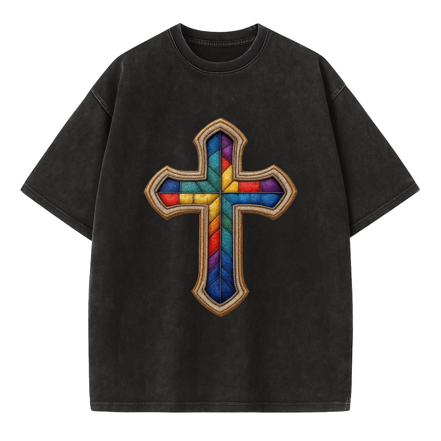Stained Glass Cross  - Vintage T-shirt - Black