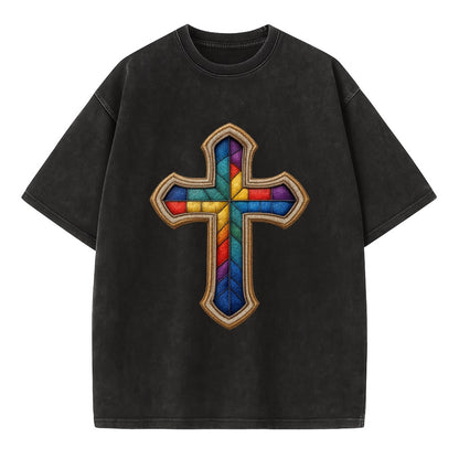 Stained Glass Cross  - Vintage T-shirt - Black
