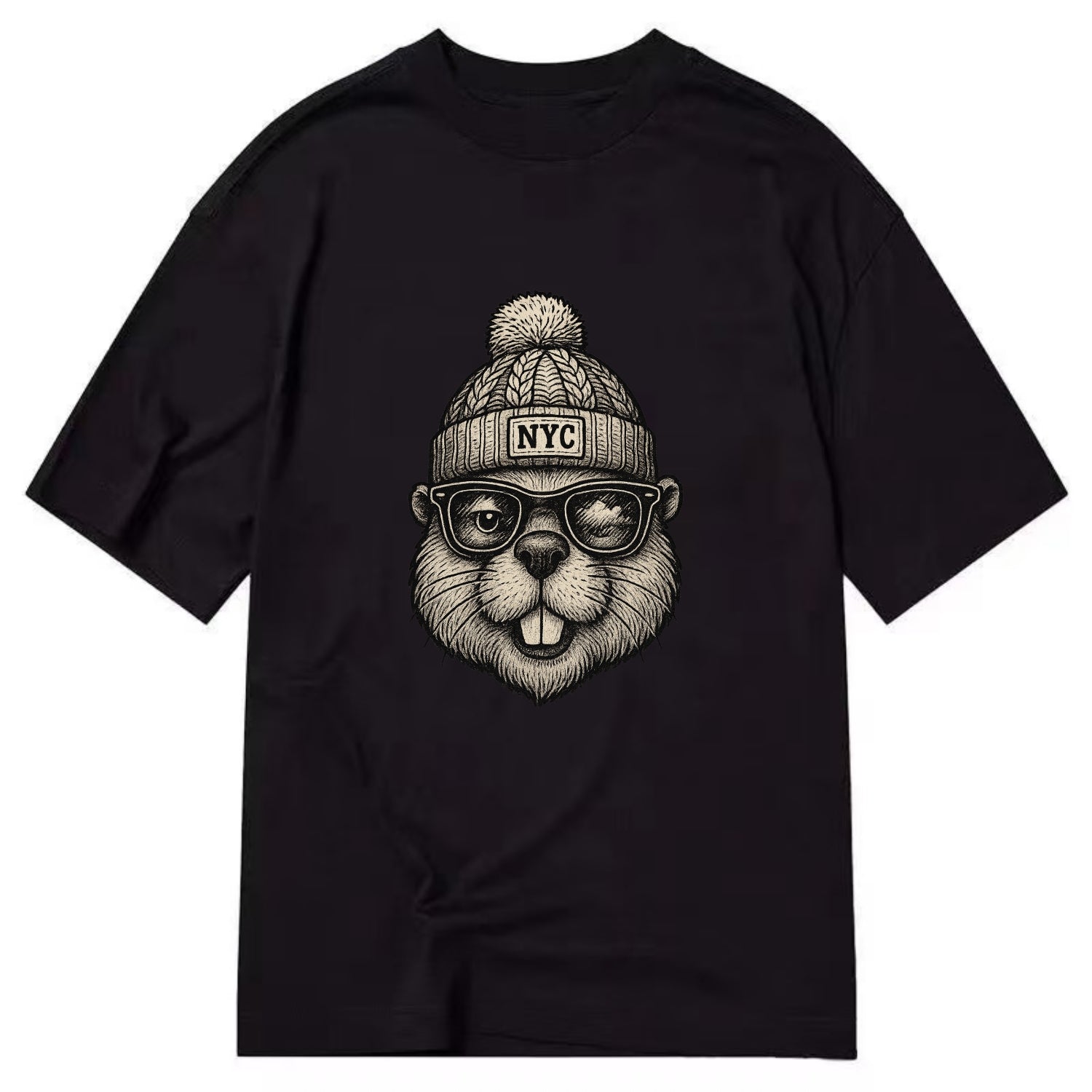 New York Beaver wearing NYC beanie with pom pom and wayfarer sunglasses - Classic T-shirt - Black