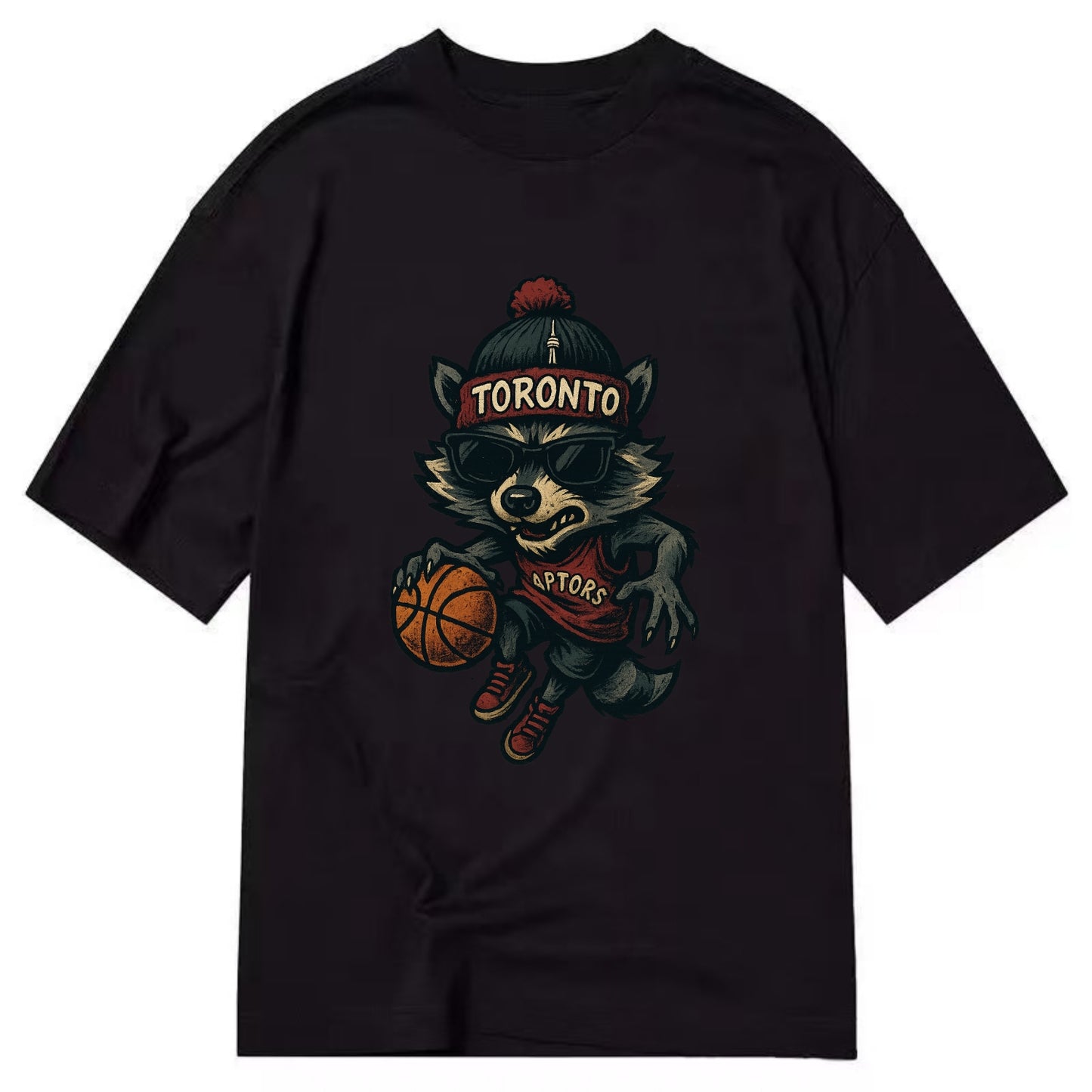 Toronto Raccoon wearing Raptors beanie with CN Tower patch and wayfarer sunglasses - Classic T-shirt - Black