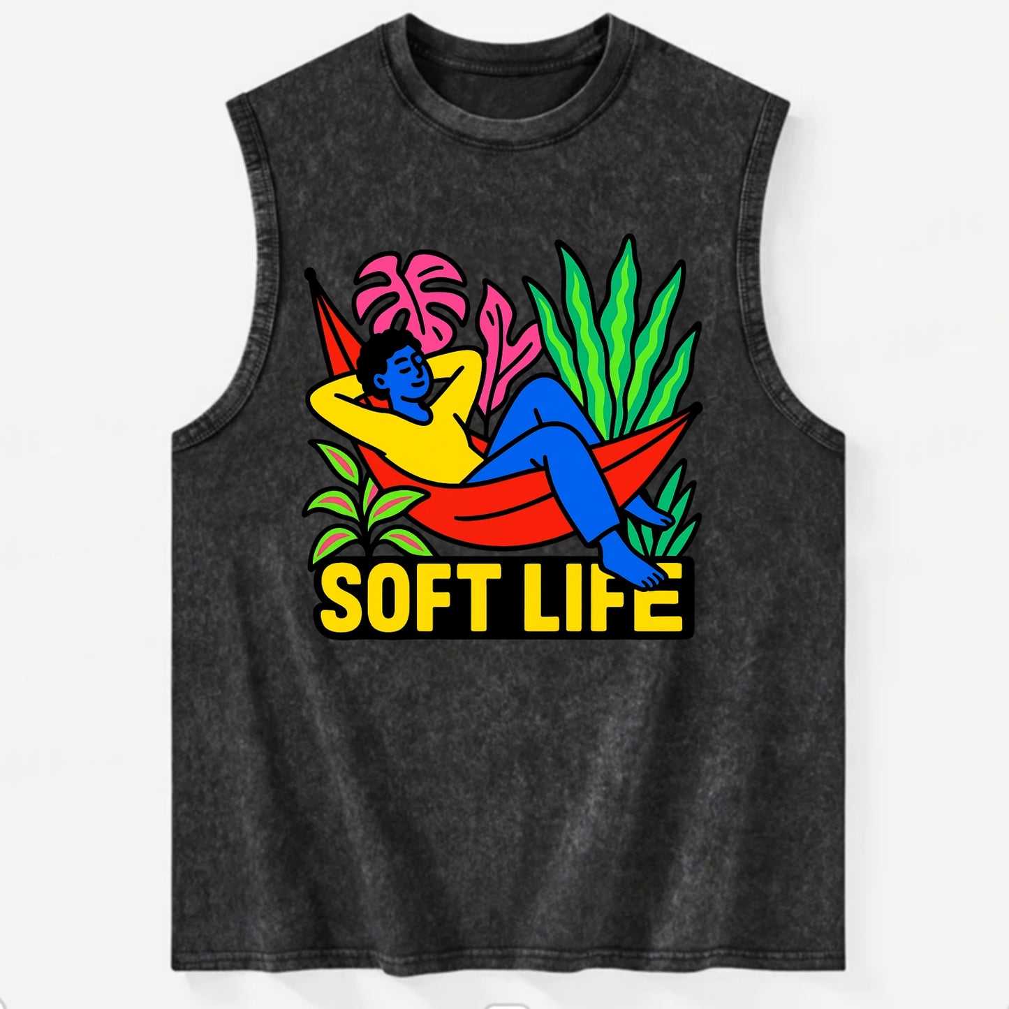 Person relaxing in hammock with plants - "soft life" aesthetic, peaceful - Vintage Washed Tank - Black