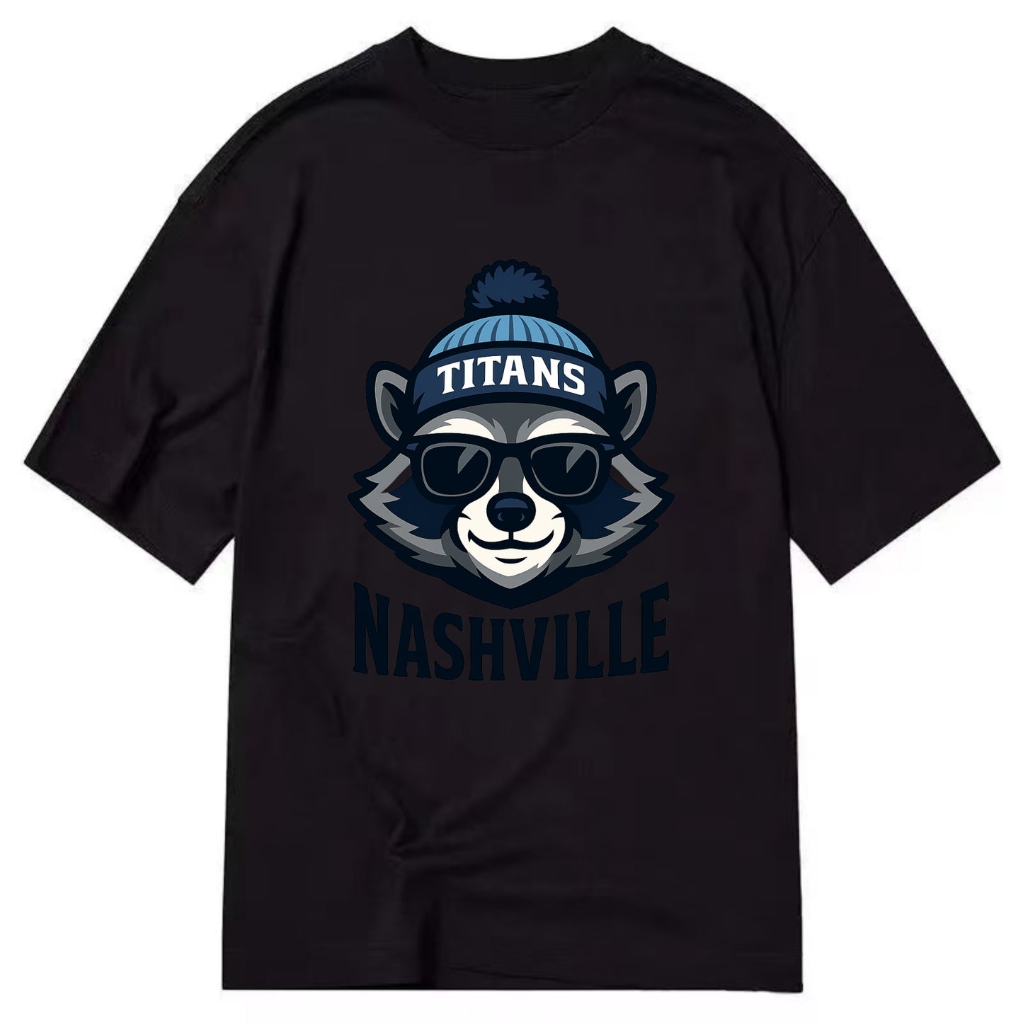 Nashville Raccoon wearing Titans navy and light blue beanie with pom pom and - Classic T-shirt - Black