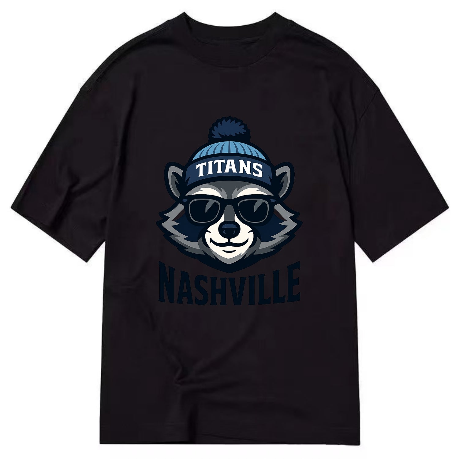 Nashville Raccoon wearing Titans navy and light blue beanie with pom pom and - Classic T-shirt - Black