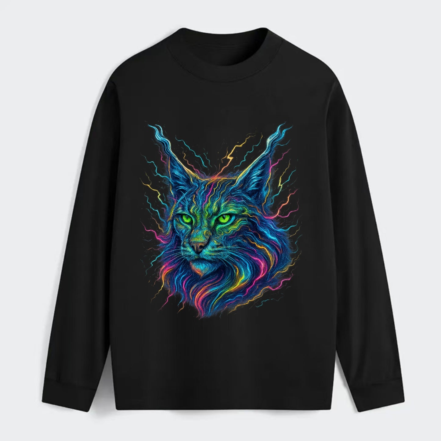 Wild lynx with ear tufts transforming into liquid mercury flows, silver - Classic Long Sleeve Shirt - Black
