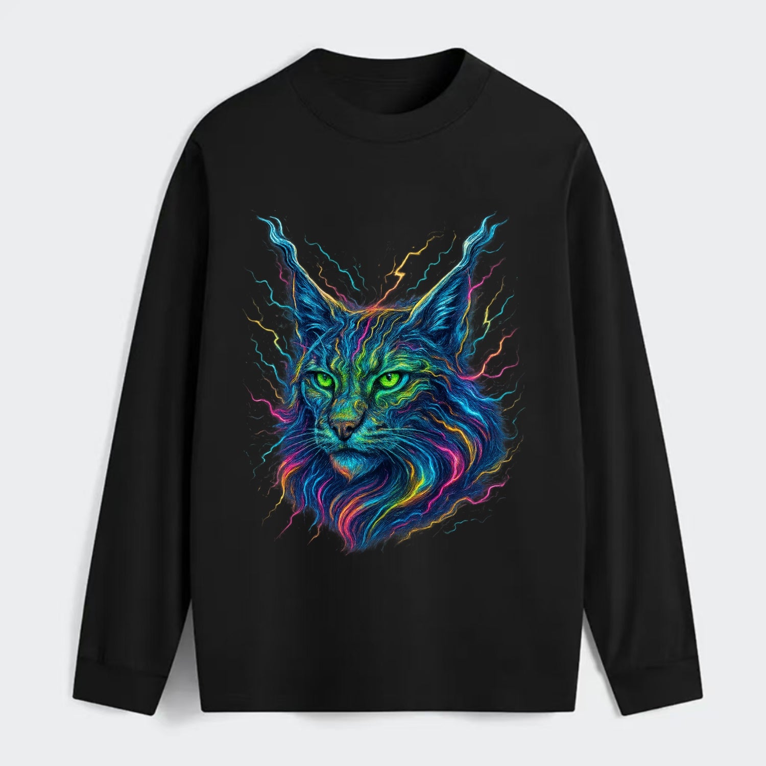 Wild lynx with ear tufts transforming into liquid mercury flows, silver - Classic Long Sleeve Shirt - Black