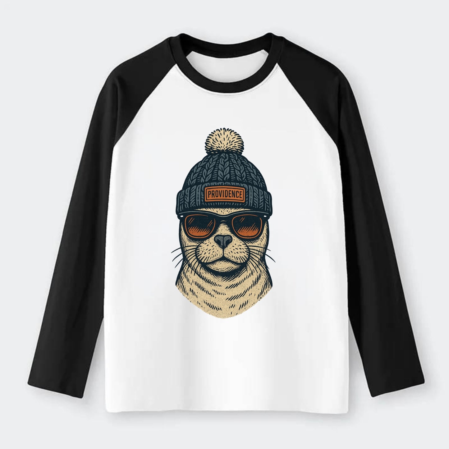 Rhode Island Harbor Seal wearing Providence beanie with pom pom and - Raglan Long Sleeve T-Shirt - Black