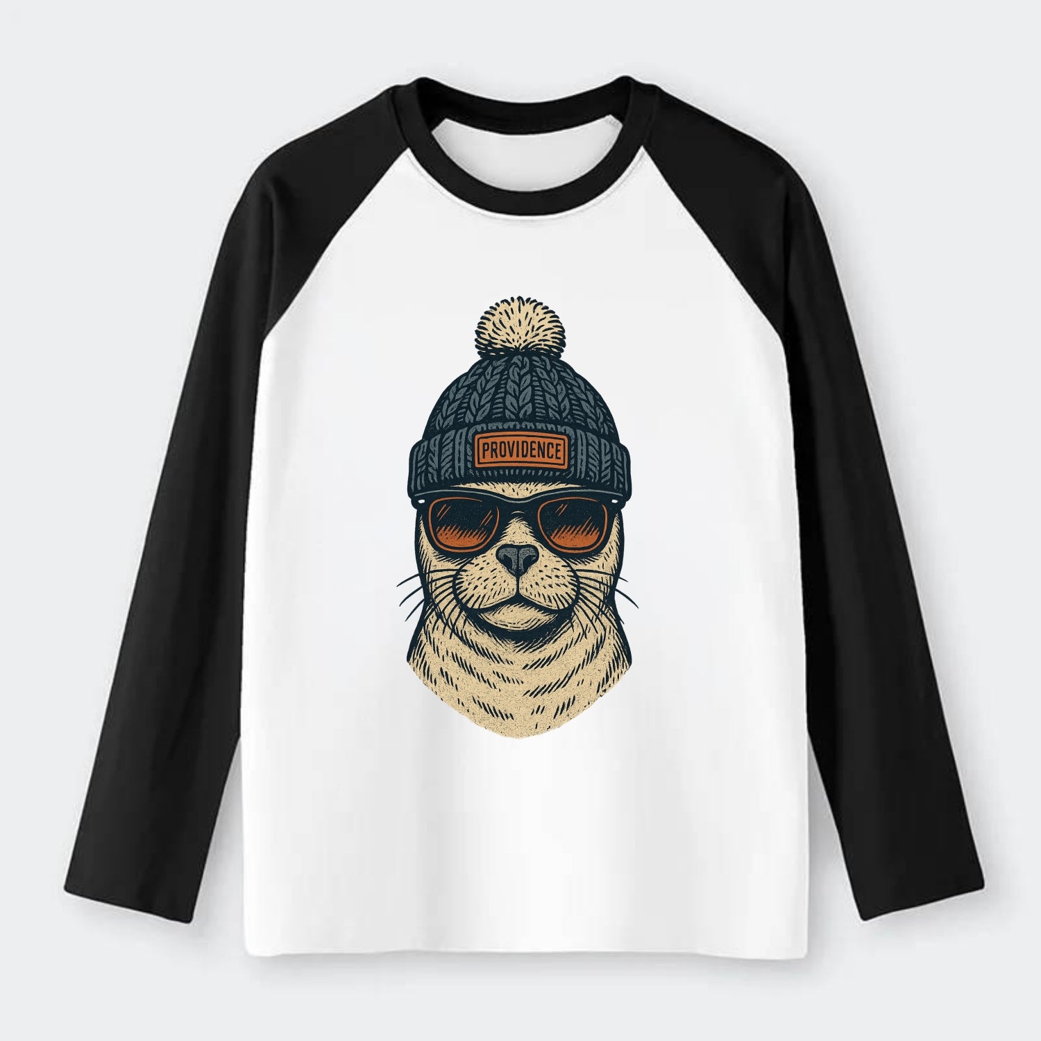 Rhode Island Harbor Seal wearing Providence beanie with pom pom and - Raglan Long Sleeve T-Shirt - Black
