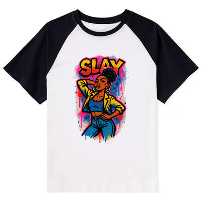 Empowered figure striking confident pose - "slay" culture, fierce and - Contrast Raglan T-shirt - Black