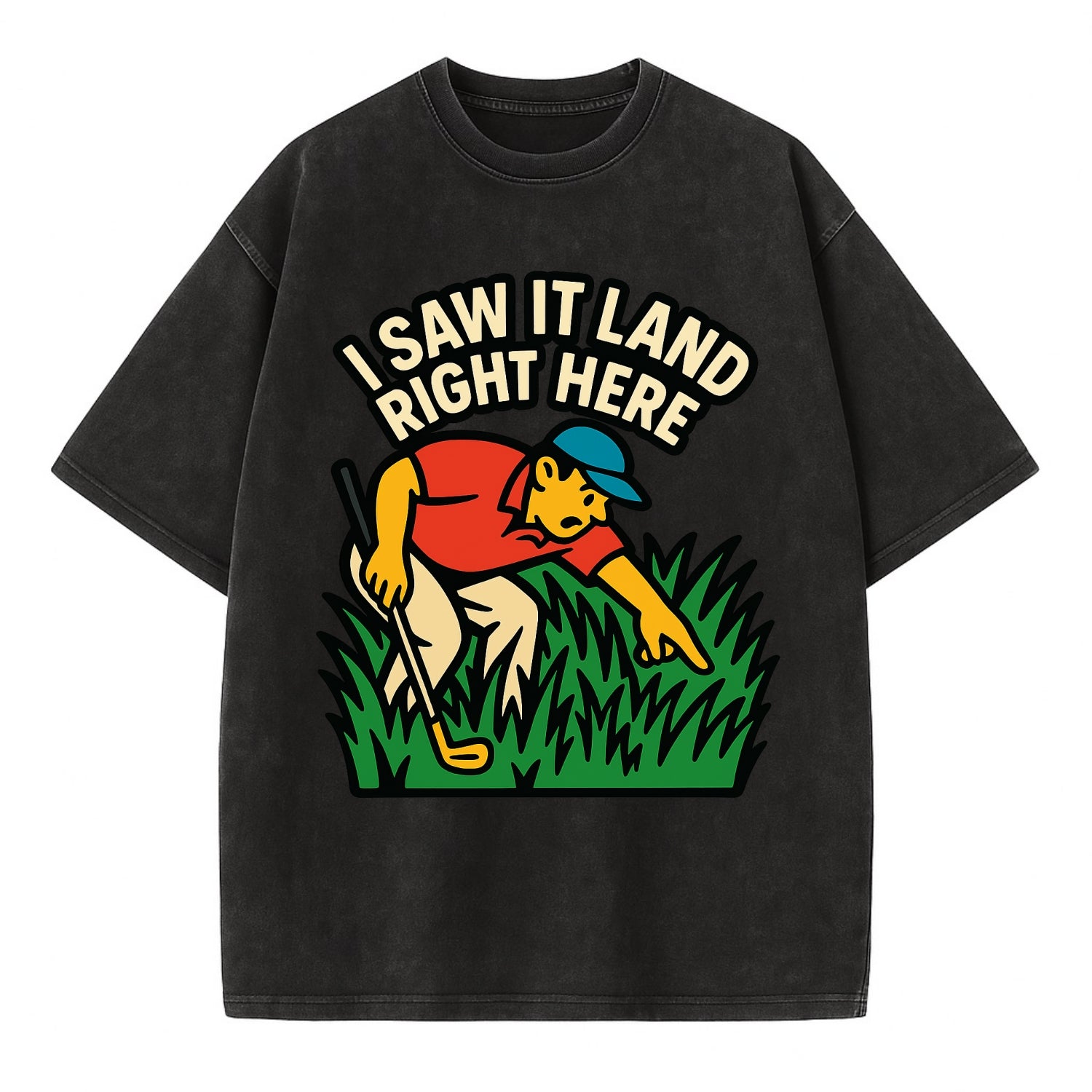Golfer searching in deep rough - "I Saw It Land Right Here" - lost ball saga - Vintage T-shirt - Black