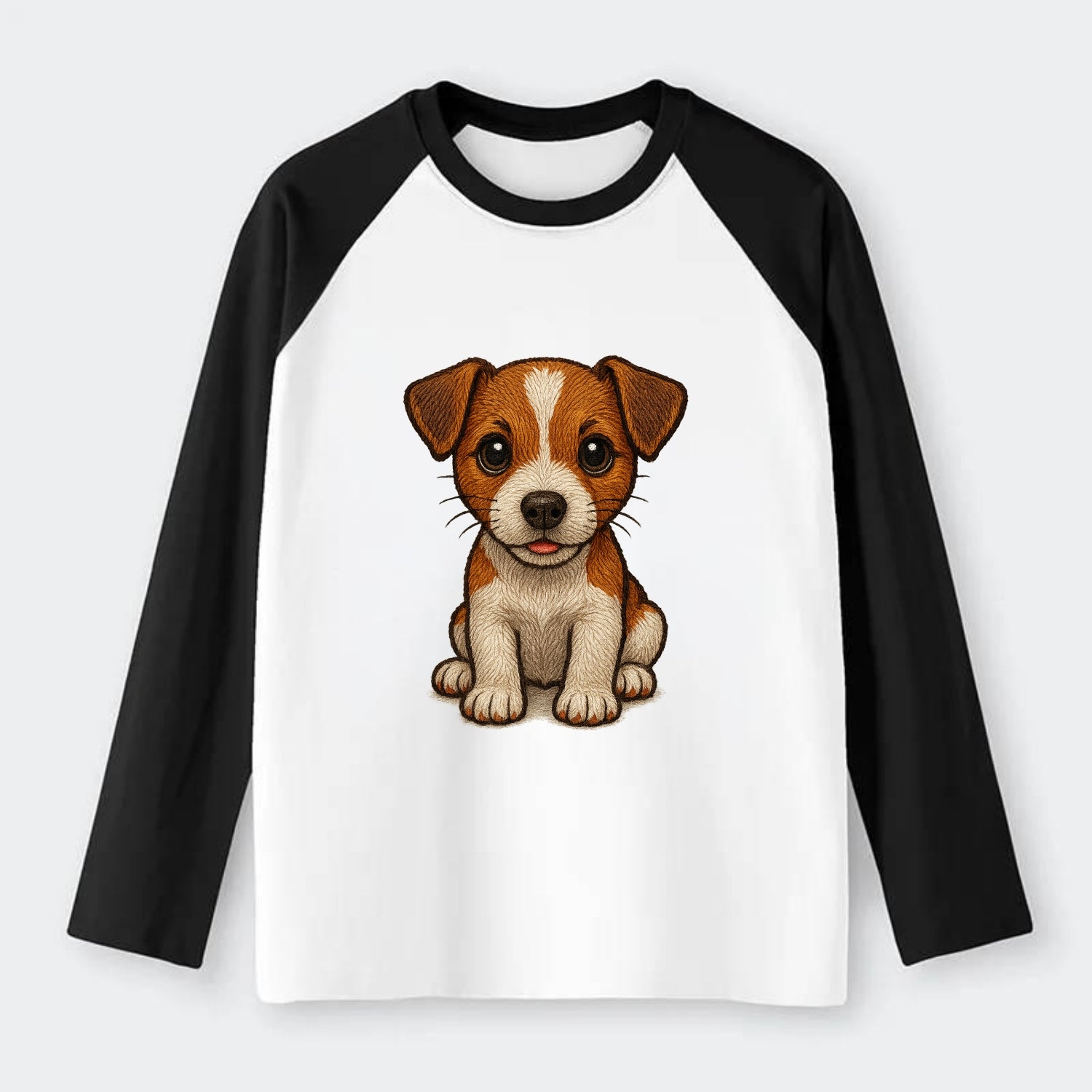 Baby Jack Russell Terrier Puppy - white with markings, alert ears, - Raglan Long Sleeve T-Shirt - Black