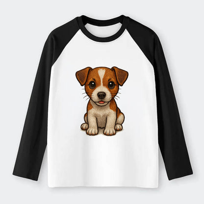 Baby Jack Russell Terrier Puppy - white with markings, alert ears, - Raglan Long Sleeve T-Shirt - Black