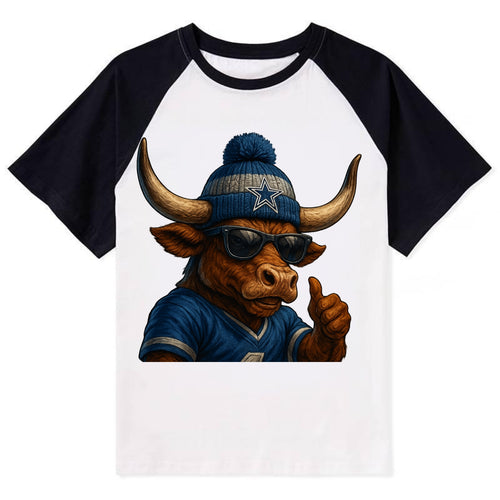 Texas Longhorn wearing Cowboys silver and blue beanie with star and - Contrast Raglan T-shirt