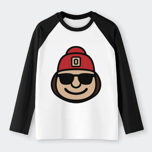 Columbus Brutus wearing Ohio State beanie with Block O patch - Raglan Long Sleeve T-Shirt