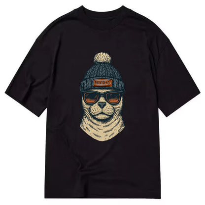 Rhode Island Harbor Seal wearing Providence beanie with pom pom and wayfarer - Classic T-shirt - Black