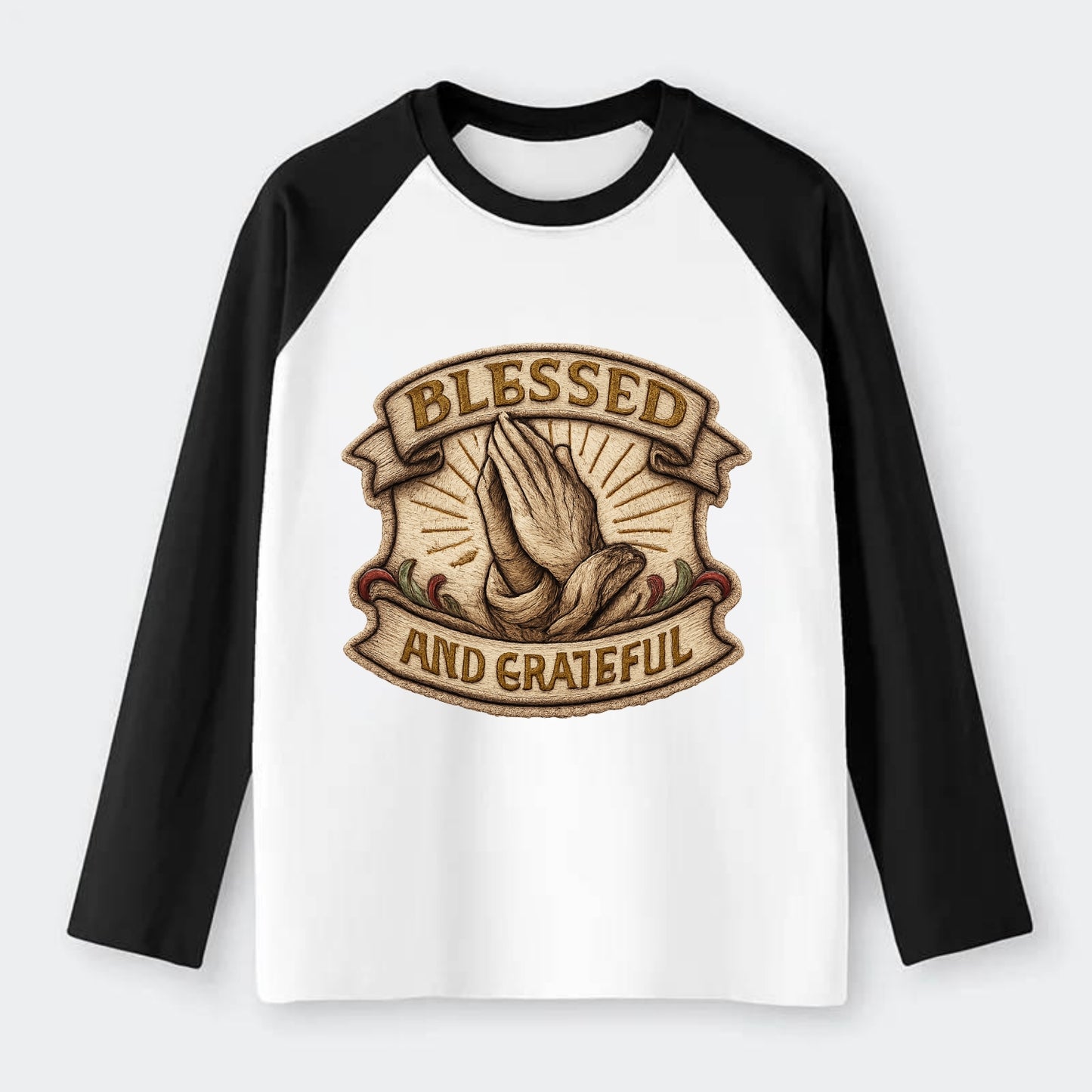 BLESSED AND GRATEFUL - praying hands with text in gold , thankful - Raglan Long Sleeve T-Shirt - Black
