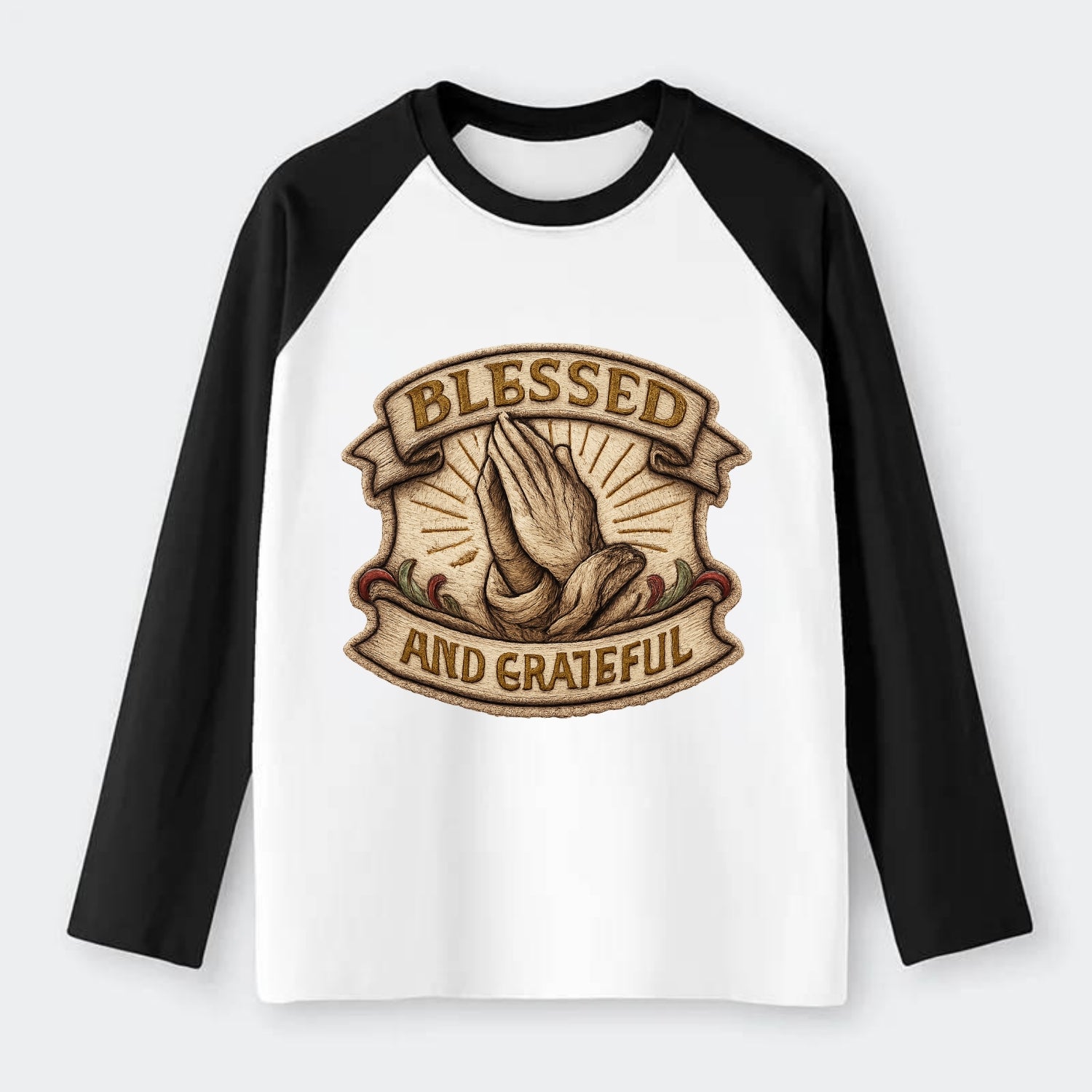 BLESSED AND GRATEFUL - praying hands with text in gold , thankful - Raglan Long Sleeve T-Shirt - Black