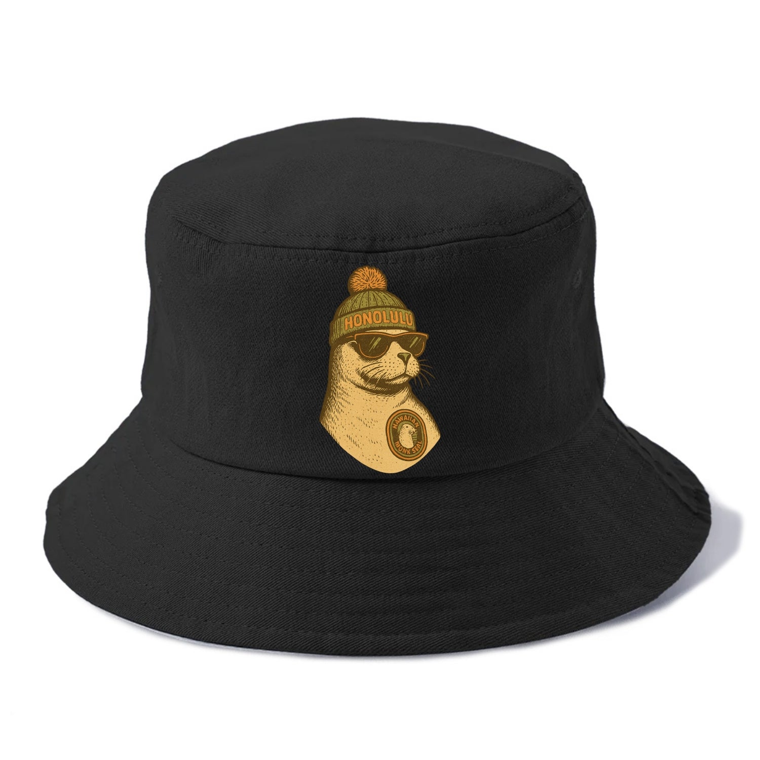 Hawaii Monk Seal wearing Honolulu beanie with pom pom and wayfarer sunglasses - Bucket Hat - Black