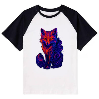 Clever fox with tail dissolving into cosmic nebula swirls, orange to - Contrast Raglan T-shirt - Black