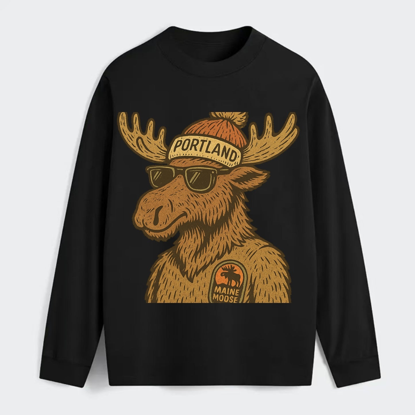 Maine Moose wearing Portland beanie with pom pom and wayfarer sunglasses - Classic Long Sleeve Shirt - Black
