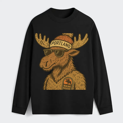 Maine Moose wearing Portland beanie with pom pom and wayfarer sunglasses - Classic Long Sleeve Shirt - Black