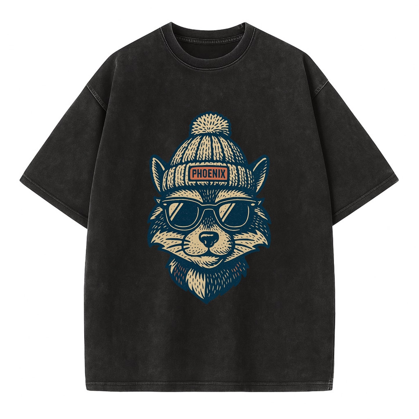 Arizona Ringtail wearing Phoenix beanie with pom pom and wayfarer sunglasses - Vintage T-shirt - Black