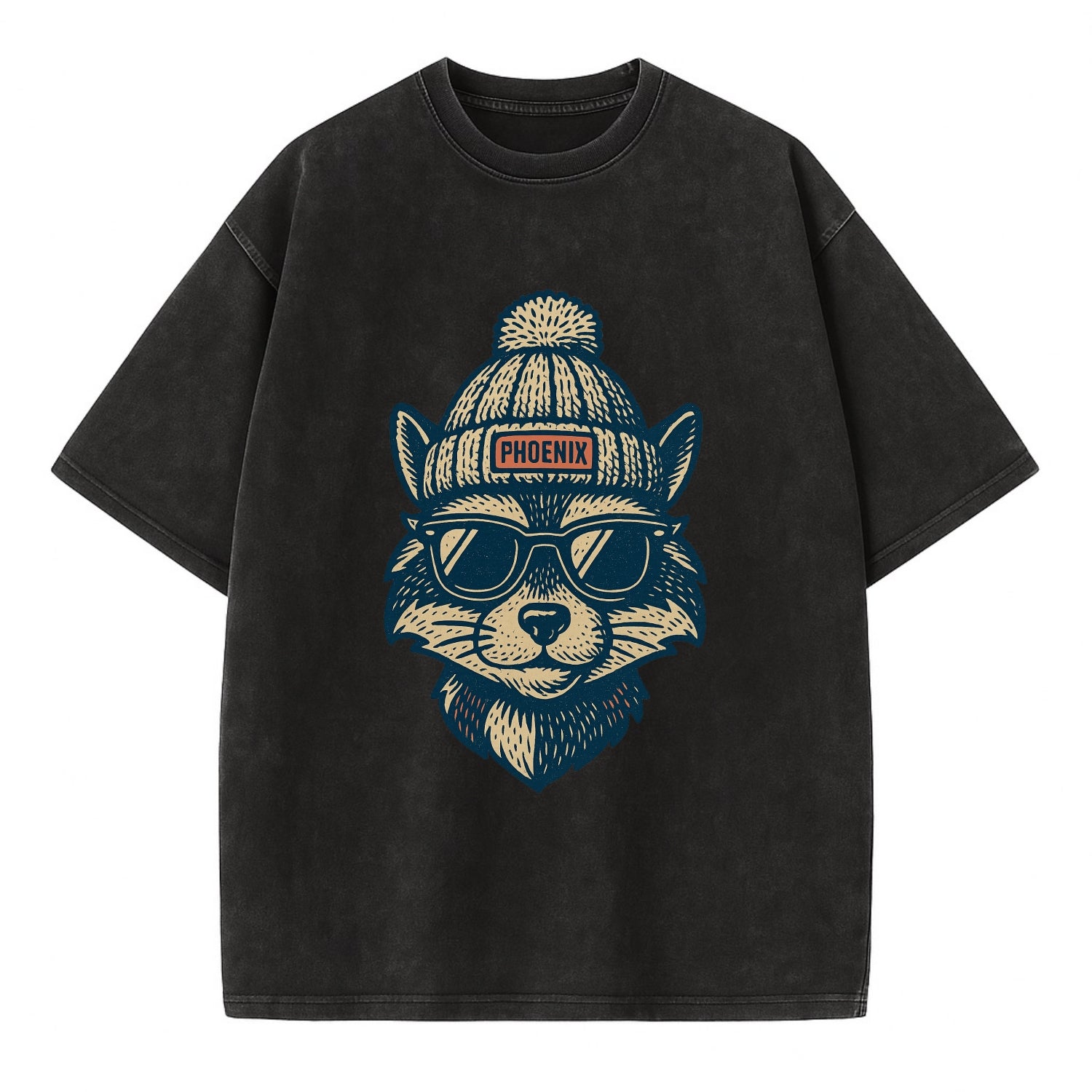 Arizona Ringtail wearing Phoenix beanie with pom pom and wayfarer sunglasses - Vintage T-shirt - Black
