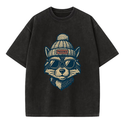 Arizona Ringtail wearing Phoenix beanie with pom pom and wayfarer sunglasses - Vintage T-shirt - Black