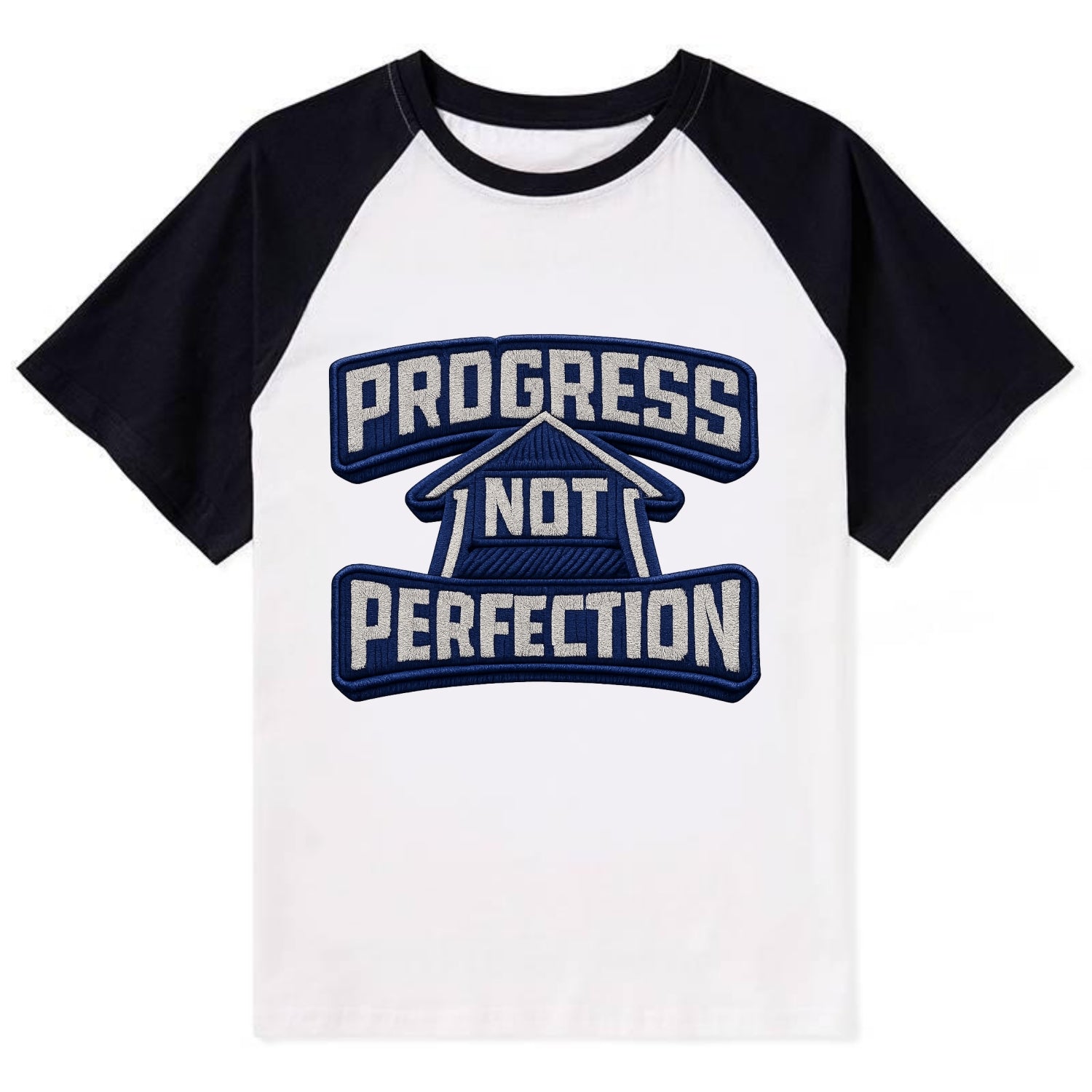 PROGRESS NOT PERFECTION - arrow with text in blue , growth mindset - Contrast Raglan T-shirt - Black