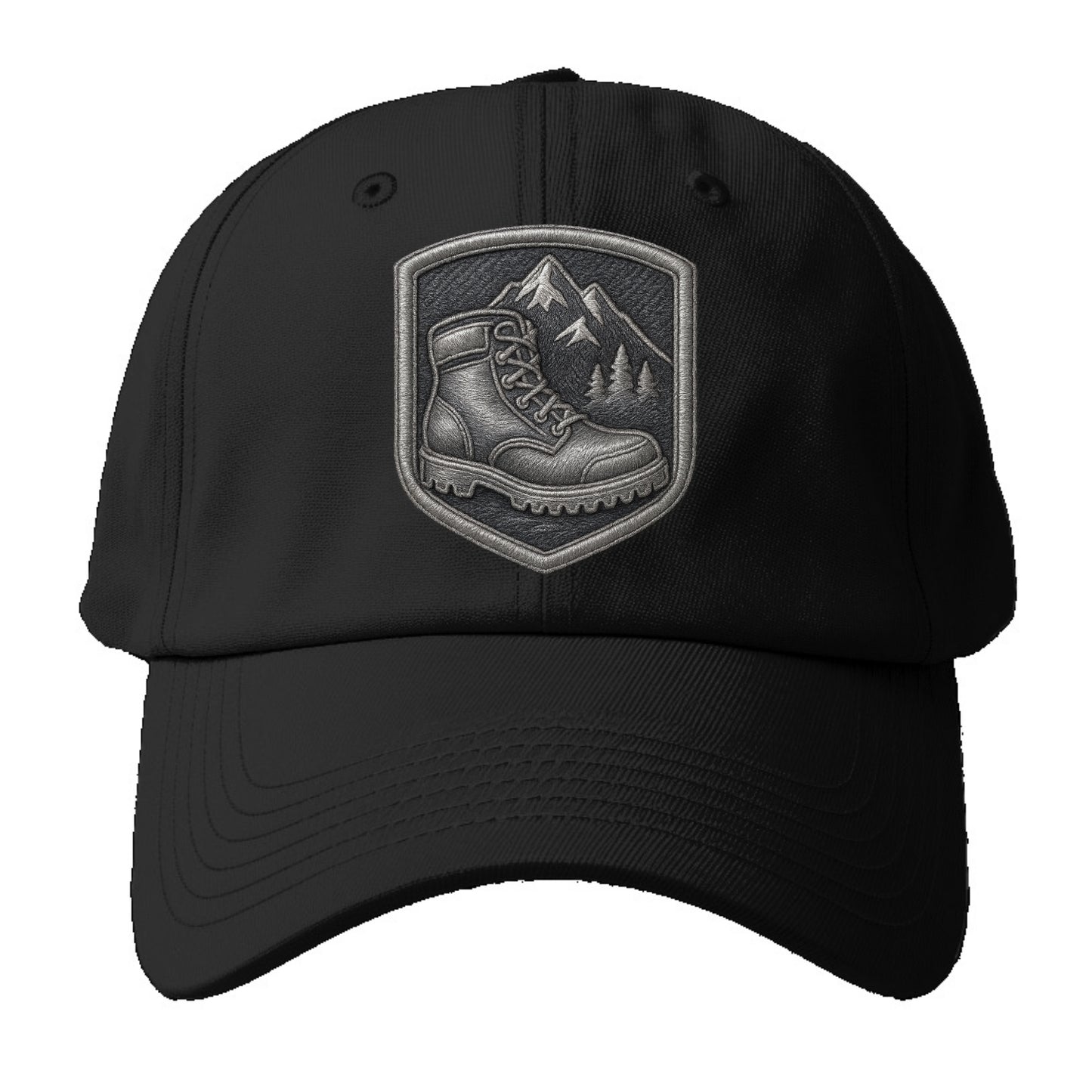 Hiking boots with mountain peak - hiker pride - Baseball Cap - Black
