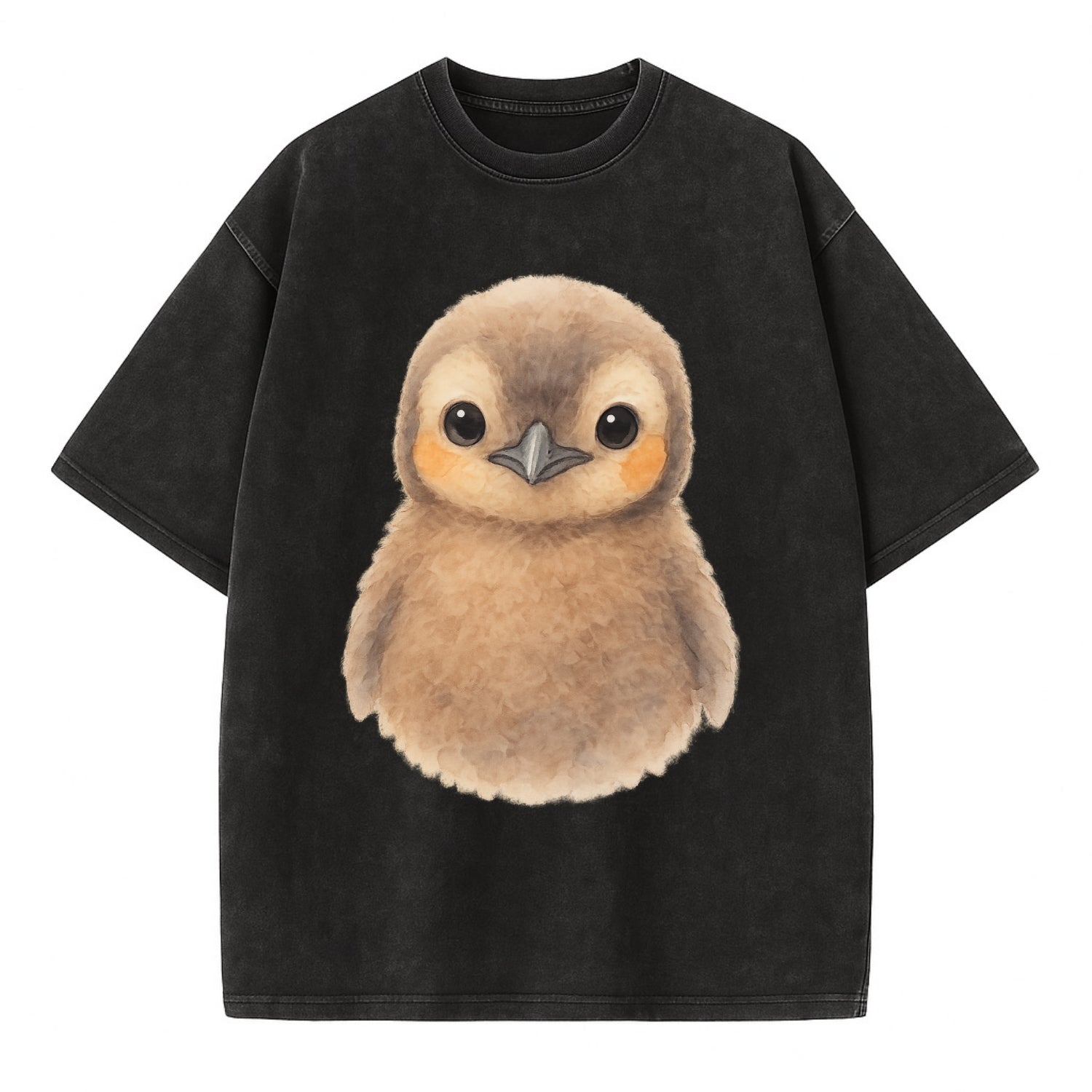 Baby King Penguin - orange cheek patches, fluffy brown, large eyes, front-facing, - Vintage T-shirt - Black