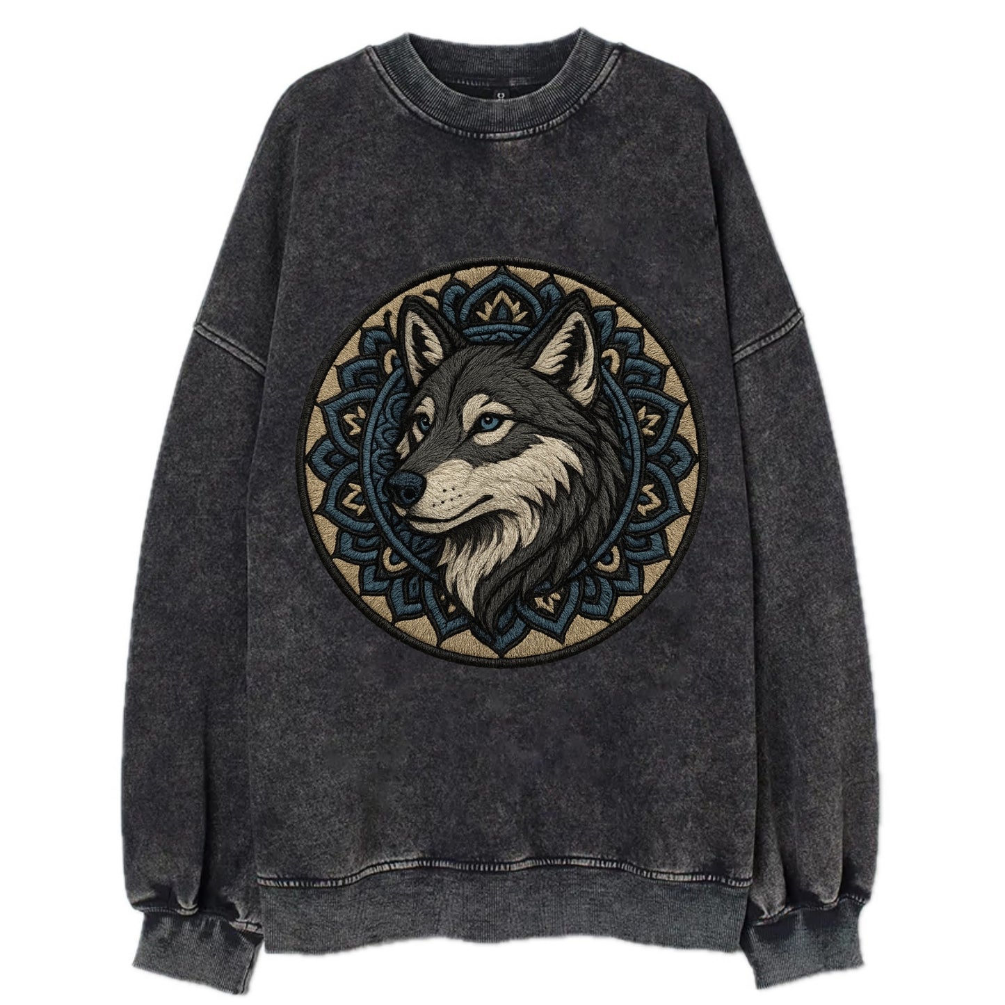 Mandala Wolf Pattern  - Vintage Sweatshirt - Black