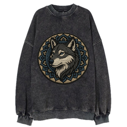 Mandala Wolf Pattern  - Vintage Sweatshirt - Black