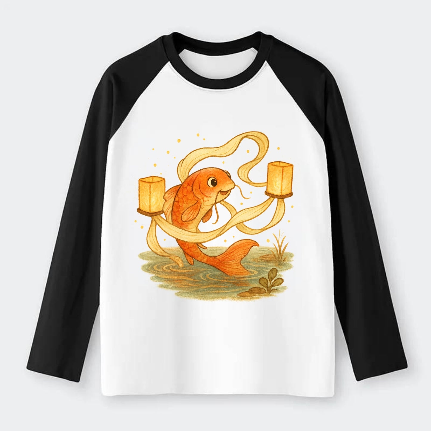 Koi weaving silk streamers through floating lanterns on tranquil water - Raglan Long Sleeve T-Shirt - Black