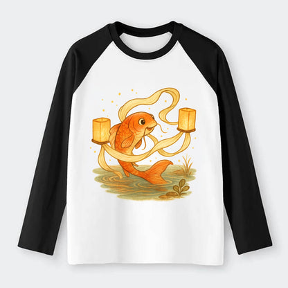 Koi weaving silk streamers through floating lanterns on tranquil water - Raglan Long Sleeve T-Shirt - Black