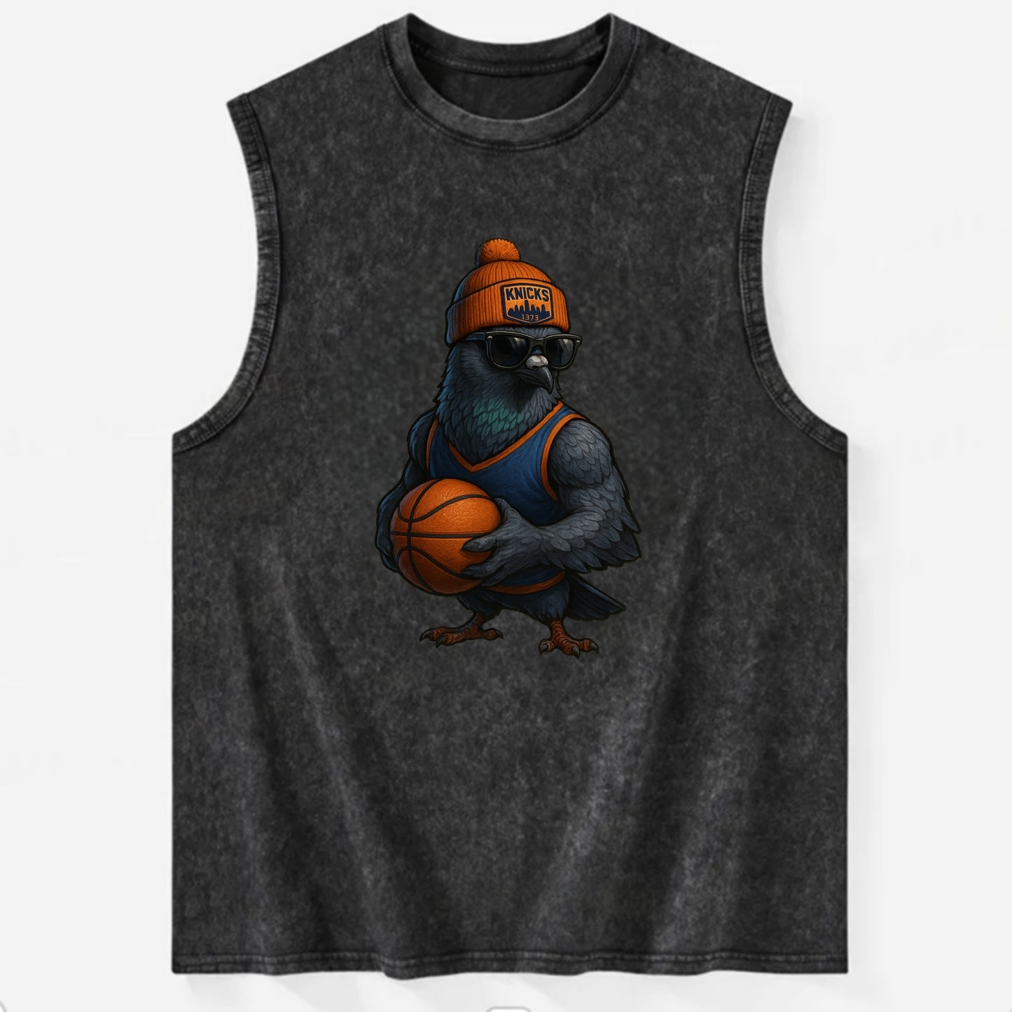 Manhattan Pigeon wearing Knicks beanie with skyline patch and wayfarer - Vintage Washed Tank - Black