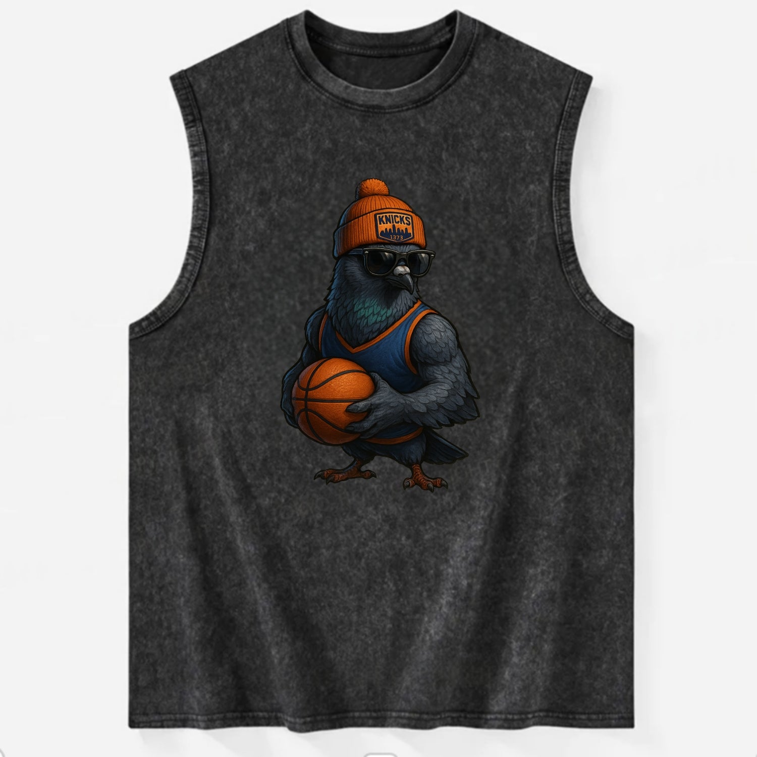Manhattan Pigeon wearing Knicks beanie with skyline patch and wayfarer - Vintage Washed Tank - Black