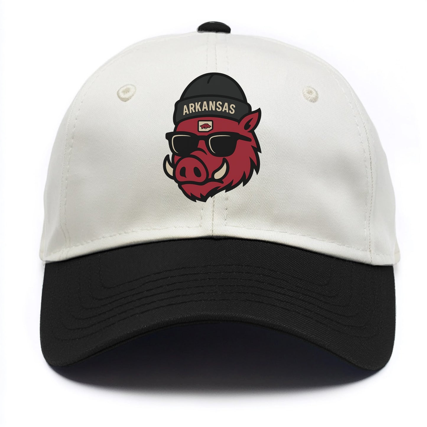 Fayetteville Razorback wearing Arkansas beanie with hog patch - Two Tone Cap - Black