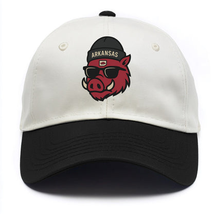 Fayetteville Razorback wearing Arkansas beanie with hog patch - Two Tone Cap - Black