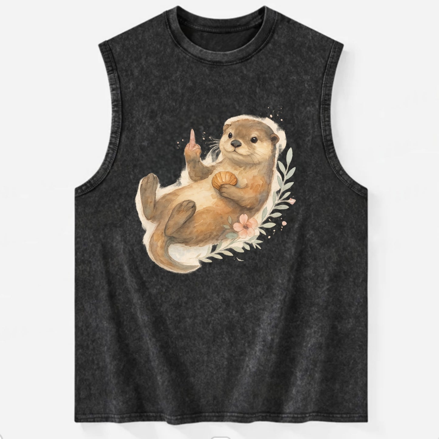 adorable otter floating on back, middle finger up while holding a shellfish - Vintage Washed Tank - Black