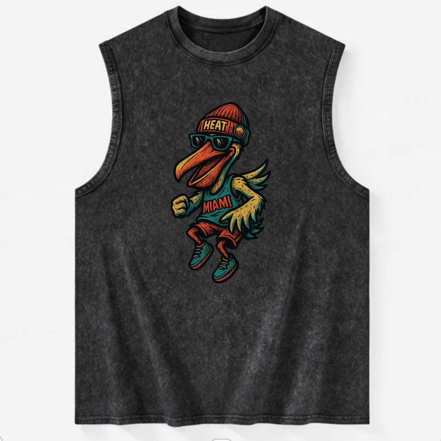 Miami Pelican wearing Heat beanie with sunset patch and wayfarer sunglasses - Vintage Washed Tank - Black