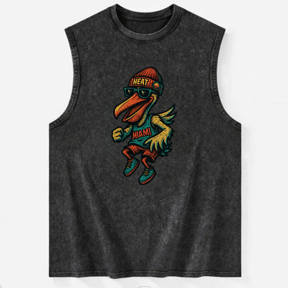 Miami Pelican wearing Heat beanie with sunset patch and wayfarer sunglasses - Vintage Washed Tank - Black