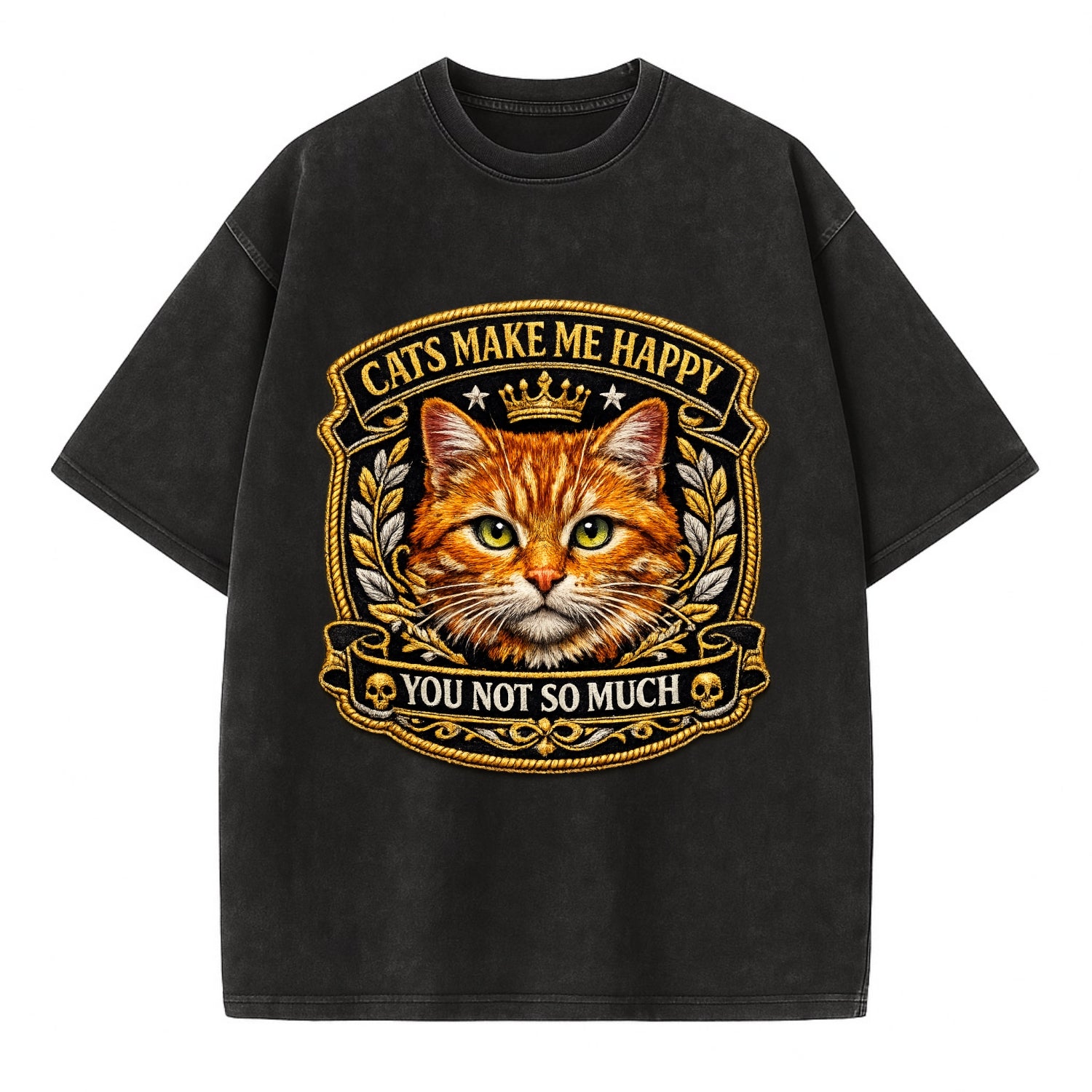 CATS MAKE ME HAPPY YOU NOT SO MUCH - cat face in orange , cat preference - Vintage T-shirt - Black