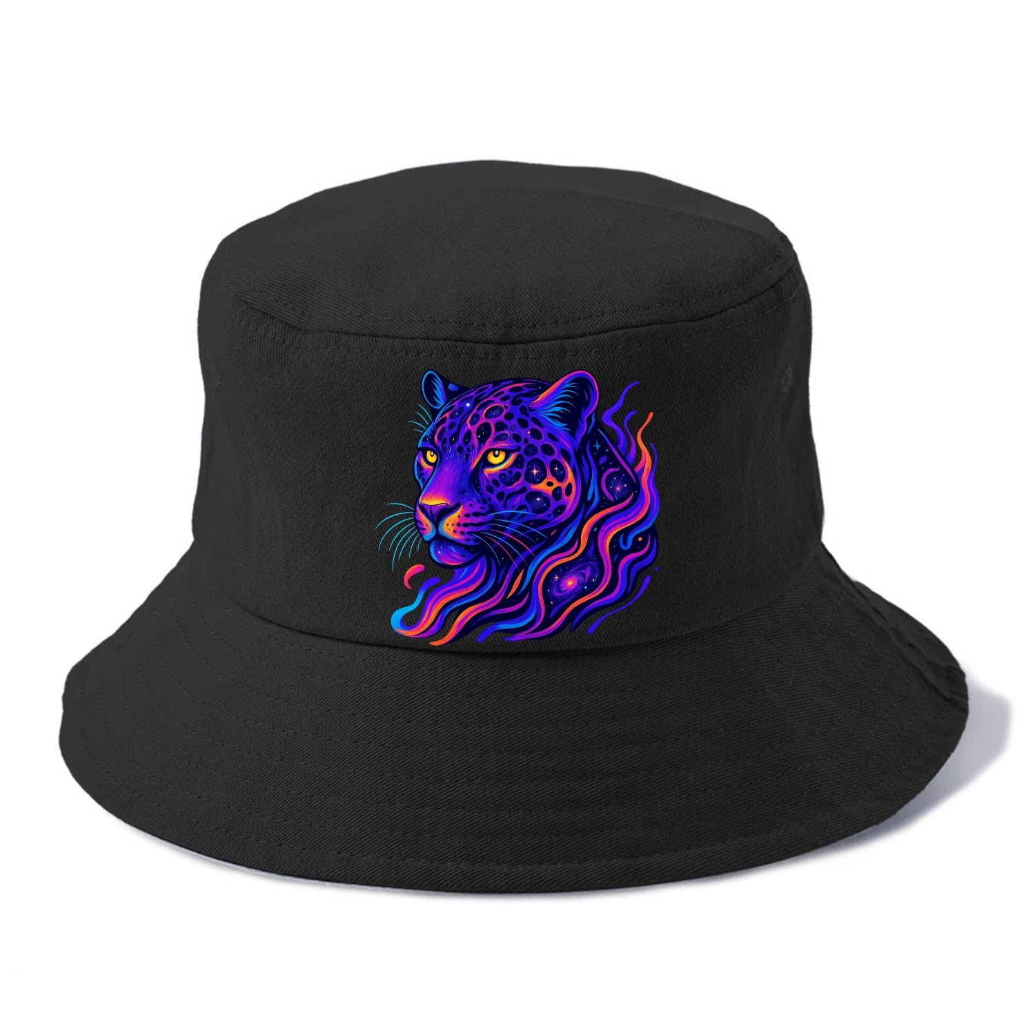 Powerful jaguar with rosettes containing miniature galaxies, cosmic purple and orange - Bucket Hat - Black